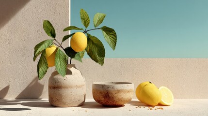 A serene still life with lemons, ceramic bowls, and a leafy branch arranged on a sunlit surface against a textured wall, evoking freshness and natural wellness.