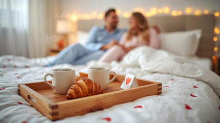 Romantic Valentine&rsquo;s Day Morning with Breakfast in Bed, Coffee and Croissant Tray, Cozy Couple at Home, Love and Relationship Concept, Intimate Lifestyle Scene with Warm Light and Holiday Mood