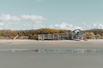 Wooden boardwalk over sand dunes at beach, Nova Scotia