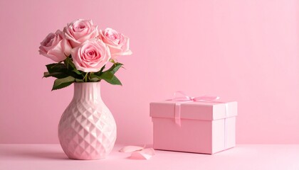 Pink roses in patterned glass vase beside matching pink gift box on monochromatic pink background.