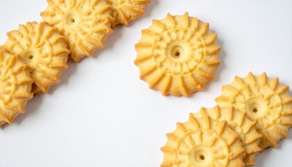 Wheel-shaped golden cookies arranged on white background, showcasing geometric consistency and baked texture.