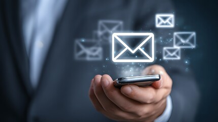 A person in a suit holds a smartphone with illuminated email symbols floating above it