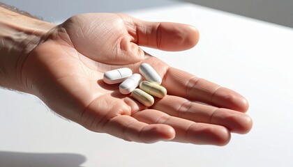 Close-up of a man's hand holding a variety of pills, tablets, and capsules. Concept of daily medication, vitamin supplements, healthcare, pharmaceutical industry, and medical treatment.