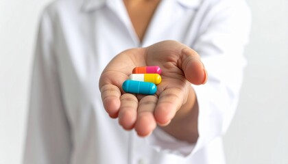Healthcare worker with a white coat holding a handful of colorful pill capsules. It represents concepts like medical treatment, pharmacy services, clinical trials, and the pharmaceutical industry.