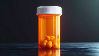 Close-up of an orange prescription bottle filled with yellow pills on a reflective surface against a dark background. Concept for healthcare, pharmacology, medical treatment, and pharmacy services.