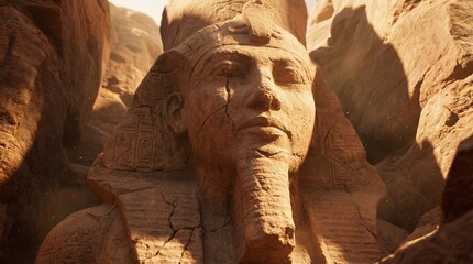 Ancient weathered Pharaoh statue in desert canyon