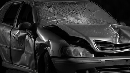 Damaged Car After Crash Black and White