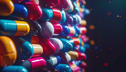 A macro shot of a wall of colorful antibiotic pills and capsules, representing the pharmaceutical industry, healthcare, medicine, and drug development. Abstract background with bokeh effects.