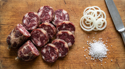 Slices of Traditional Kazy Horse Meat Sausage with Onion Rings and Sea Salt