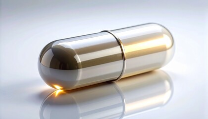 Macro shot of a modern, futuristic two-tone pill capsule, silver and gold, glowing on a clean, white reflective surface. Concept of advanced medicine, pharmaceutical innovation, and healthcare tech.