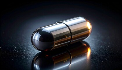 Close-up macro shot of a single futuristic metallic pill capsule on a dark, reflective textured surface. Concept for advanced medicine, pharmaceutical innovation, biotechnology, and future healthcare.