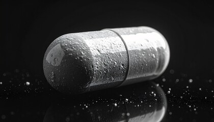 Monochromatic macro photograph of a single medical capsule covered in water droplets, resting on a reflective black surface. Concept for healthcare, pharmacology, supplements, and treatment.