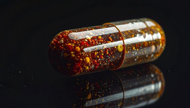 Macro shot of a transparent pharmaceutical capsule filled with multi-colored micro-granules. The pill is on a reflective black surface, symbolizing medical innovation and scientific research.