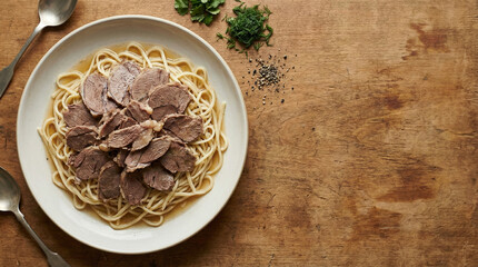 Traditional Naryn Dish with Finely Shredded Meat and Hand-Cut Noodles on Plate