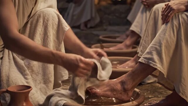  Generative ai video of Jesus Christ Washing the Feet of Apostles at Last Supper: Symbol of Humility and Servant Leadership. holy thursday. Jesus easter service .