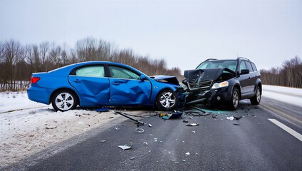 Two Cars Crash Accident Winter Road