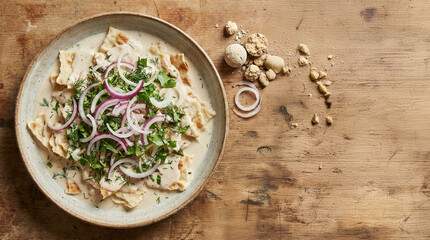 National Tajik Qurutob Dish with Flatbread Yogurt Sauce Onions and Fresh Herbs