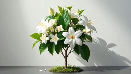 jasmine tree in full bloom, healthy green leaves with fine veins