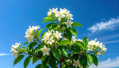 jasmine tree in full bloom, healthy green leaves with fine veins