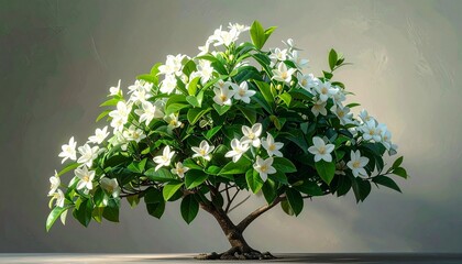 jasmine tree in full bloom, healthy green leaves with fine veins
