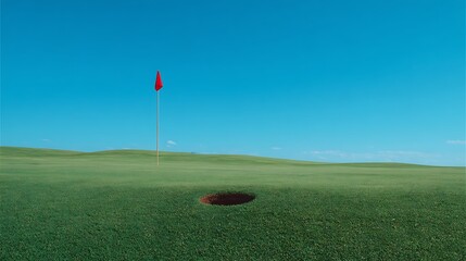 Obraz premium A scenic golf hole with the flag waving, set against a vibrant blue sky on a green fairway