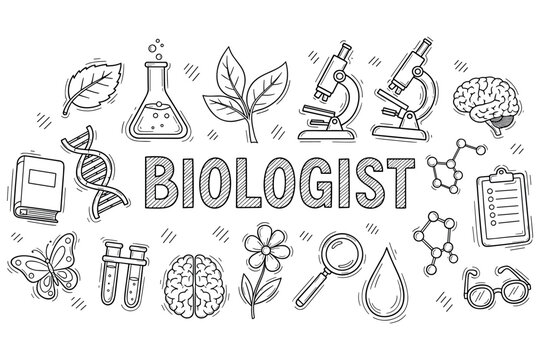 Biologist tools and symbols with dna, microscope, and nature elements in line art