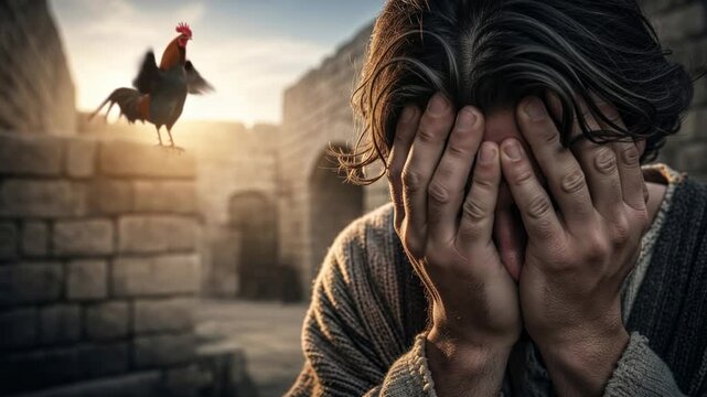 Saint Peter weeping and a crowing rooster at dawn, the denial of Peter, emotional biblical scene, ancient Jerusalem background, cinematic atmosphere