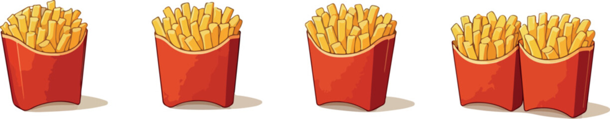 set of icons of fried potatoes in red packaging from different angles and perspectives, for menus, promotional materials or social networks