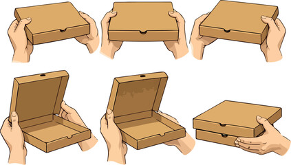 set of icons of hands holding kraft pizza boxes from different angles and perspectives, for menus, promo materials or social media