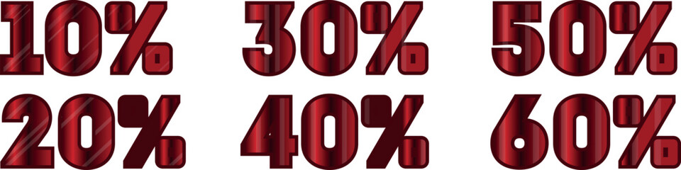 set of different discount percentages with a distinctive red texture, for promotional materials, for seasonal discounts or other designs on the theme of promotions