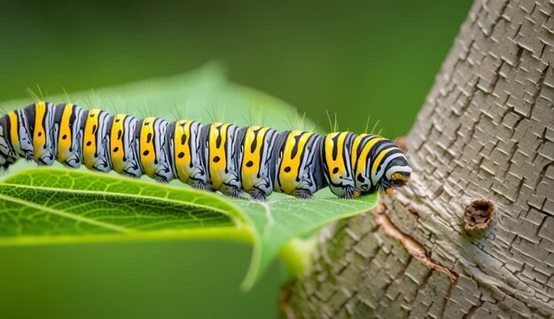 Monarch butterfly caterpillar with distinctive yellow, black and white striped pattern crawling on green leaf