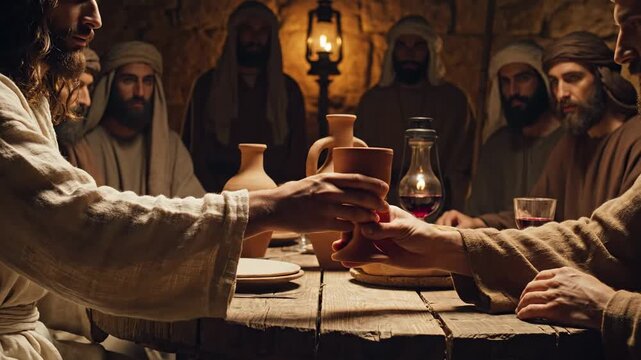 Cinematic video of the Last Supper. Jesus Christ and disciples breaking bread and drinking wine during Holy Communion. Biblical historic background.