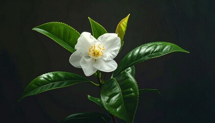 tea plant (Camellia sinensis) growing lush and healthy, rich green leaves with fine veins