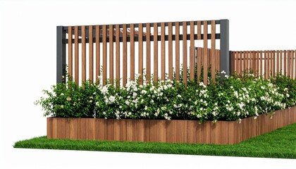 Wooden Garden: A contemporary garden design, featuring a wooden fence with vertical slats, planters filled with white flowers, and lush green grass creates an inviting and serene outdoor space.