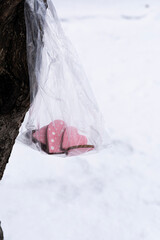 Gingerbread cookies with pink icing in a transparent bag hanging on a tree branch