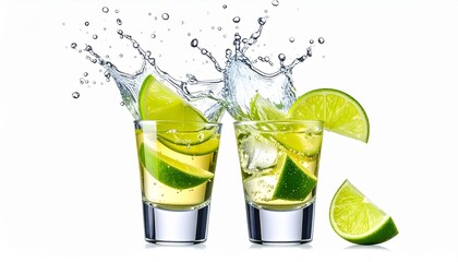 Tequila Splash: Vibrant shots of tequila, garnished with fresh lime, burst with refreshing energy, water splashes dancing in the air.