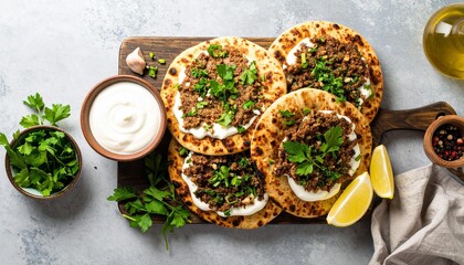 Delectable Middle Eastern Delight: Overhead shot of beautifully presented meat pies with toppings on a wooden board. The scene captures the essence of culinary artistry and evokes a sense of flavor.
