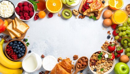 Breakfast spread delight: A vibrant assortment of wholesome breakfast foods arranged artistically, creating a visually appealing array of nourishment and starting the day right.