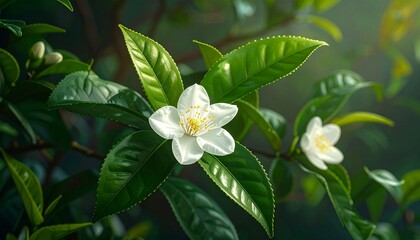 tea plant (Camellia sinensis) growing lush and healthy, rich green leaves with fine veins