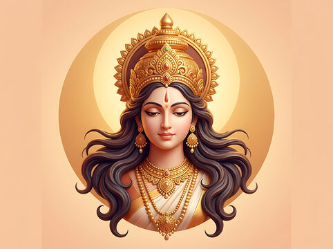 Serene portrait of spiritual goddess with flowing dark hair and golden jewelry for basant panchami and saraswati puja set against a glowing soft orange sun background