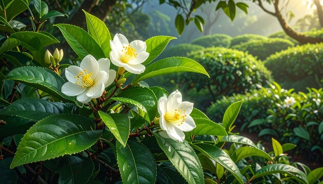 tea plant (Camellia sinensis) growing lush and healthy, rich green leaves with fine veins