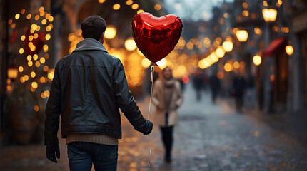 Romantic Valentine&rsquo;s Day Surprise with Red Heart Balloon on City Street, Couple Meeting at Evening Lights, Love Gesture, Relationship Emotion, Urban Date Atmosphere and Holiday Lifestyle Concept