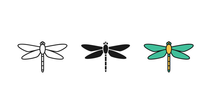 Dragonfly icon variations: outline, solid, and colored designs on white background