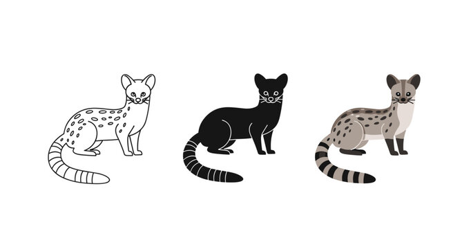 Illustration of three genets in various styles on white background