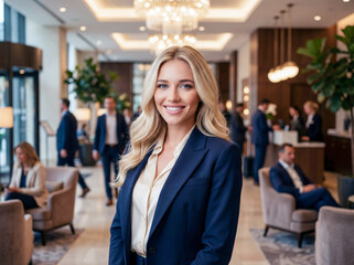 Attraktive Frau im Business-Outfit steht in einer Hotel-Lobby und l&auml;chelt in die Kamera.