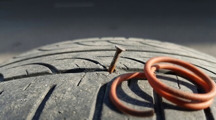 A close-up of a tire with a nail embedded in the tread. Two rubber rings are placed beside the tire. The background is blurred, focusing on the tire and objects.