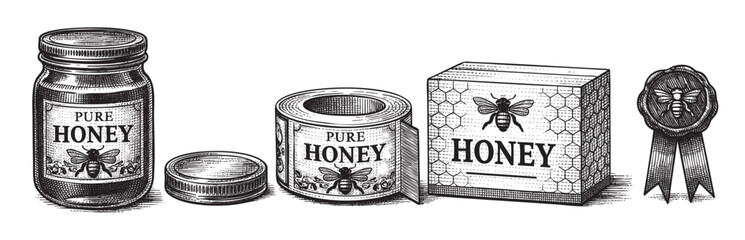Vintage black and white illustration of pure honey products including a jar, can, box, and a wax seal, all featuring bee motifs and honeycomb patterns.