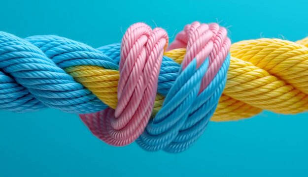 Three colorful twisted ropes tied together in knot, bright studio lighting, large depth of field
