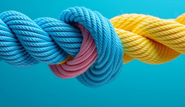 Three colorful twisted ropes tied together in knot, bright studio lighting, large depth of field