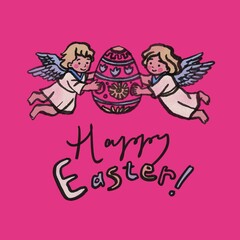 Two cherubic angels with wings are holding a large, intricately decorated Easter egg. Below them, "Happy Easter!" is written in a whimsical script. The background is a solid magenta color